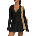 Lapel V-neck Hollow Mesh Long Sleeve Beach Cover Up