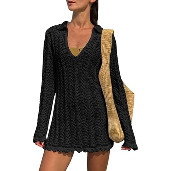 Lapel V-neck Hollow Mesh Long Sleeve Beach Cover Up