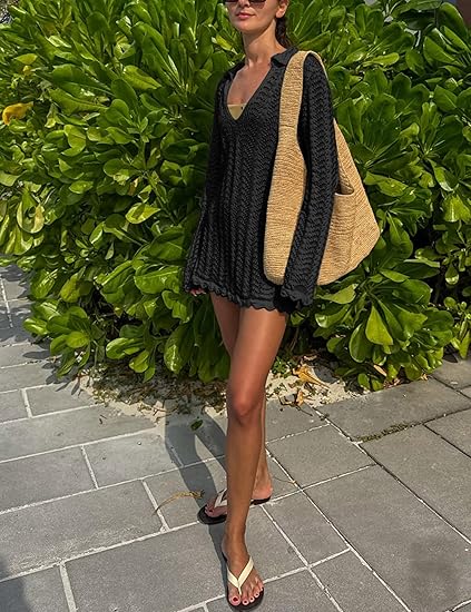 Lapel V-neck Hollow Mesh Long Sleeve Beach Cover Up